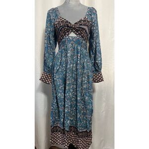 Angie Floral Blue Maxi Dress with Twist Front and Long Sleeves Sz L NWT